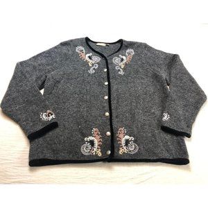 Croft & Barrow Sweater Cardigan Button Gray Flower Embroidered Woman Size XL